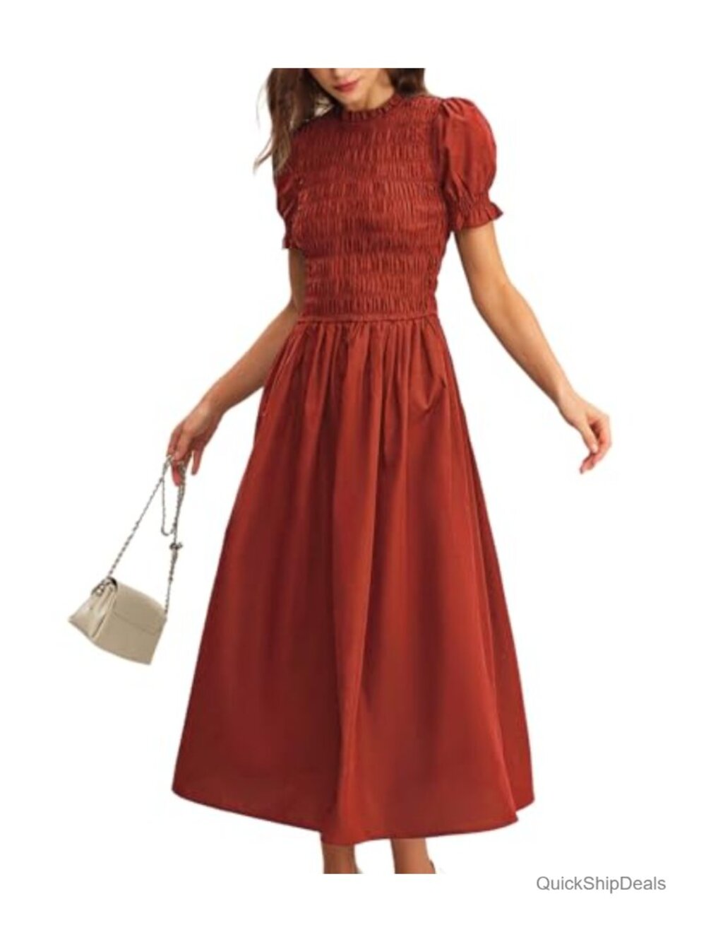 Plaid Gingham Midi Dress Smocked Puff Sleeve Ruffle Casual